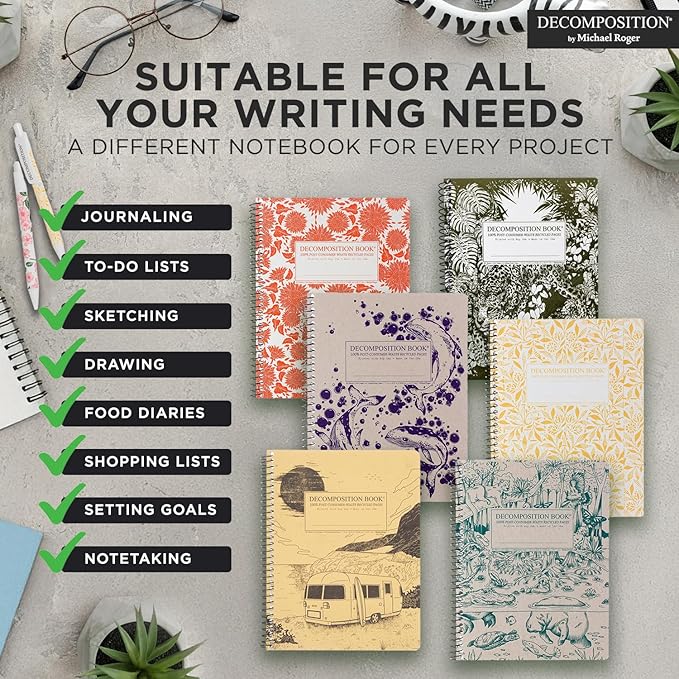 Decomposition 3-Pack Whimsical Garden College Ruled Spiral Notebook - 9.75 x 7.5 Journal, 160 Lined Pages - 100% Recycled Paper - Notebooks for School Supplies, Home & Office - Made in USA