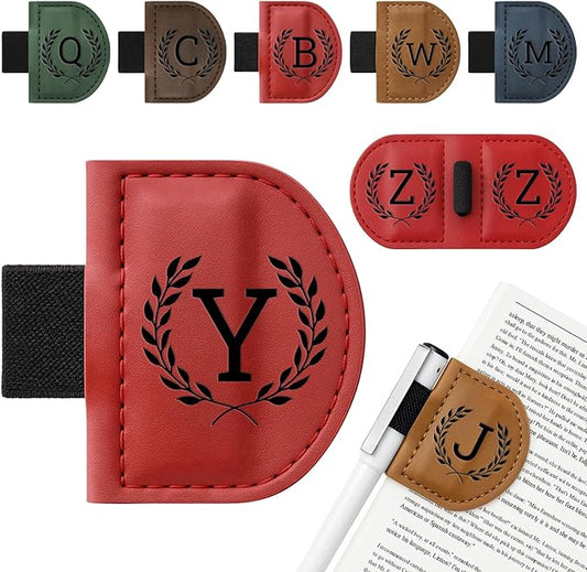 Personalized Bygone Mark Bookmark with Pen Holder,Engraving Leather Magnetic Bookmarks Vintage 26 Letters Name Initials Text Book Marker Clips Gifts for Reading Book Lovers Women (Red, Y)