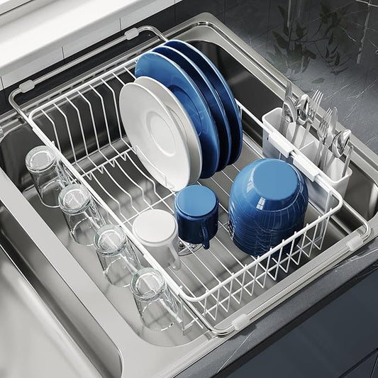 JASIWAY Dish Drying Rack in Sink, Small Dish Drainers for Inside Sink, Over The Sink Dish Racks, Stainless Steel Drying Rack with Utensil Holder, White