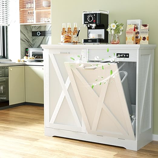 Betterhood Tilt Out Trash Can Cabinet, Hidden Trash Bin with Deodorizing & Negative Ion System, Pet-Proof Kitchen Waste Cabinet for Kitchen, Dining Room, Living Room (White, 2 * 10 Gallons)