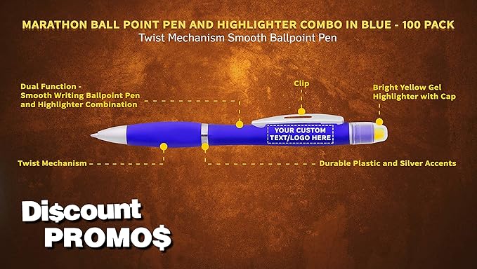 DISCOUNT PROMOS 100 Marathon Gel Highlighter Pens Pack - Customizable Text, Logo - Twist Mechanism, Ballpoint - Blue