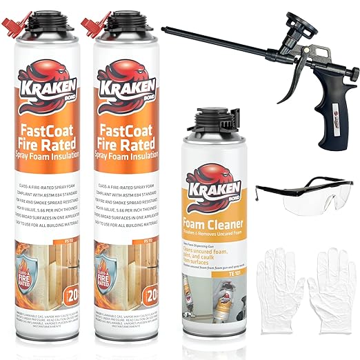 Kraken Bond Fastcoat Fire Rated Spray Foam Insulation Kit Closed Cell in a Can 40 sq ft (2x27.1 oz.) (R-Value 11.32 / 2in) - Spray Foam for Garage Door, Attic, Wall Gun & Cleaner Included, 2 Pack