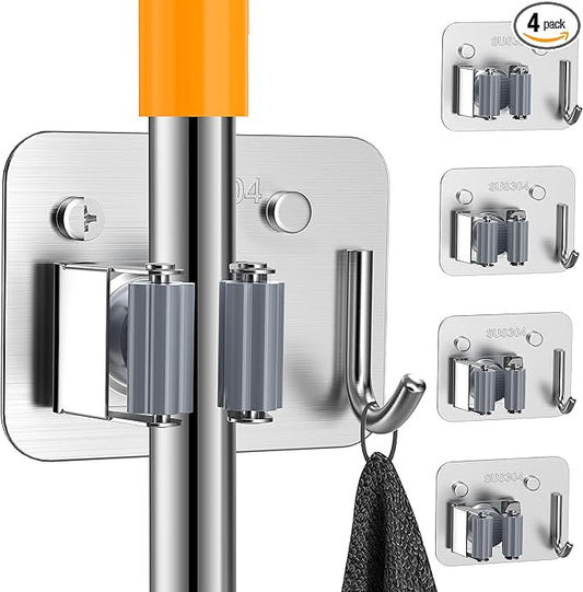 4 Pack Stainless Steel Mop and Broom Holder Wall Mount with Hook, Screw Drilling Mop and Broom Hanger, Single Heavy Duty Storage Rack for Laundry Garage Closet Garden Tool Organizer, Silver