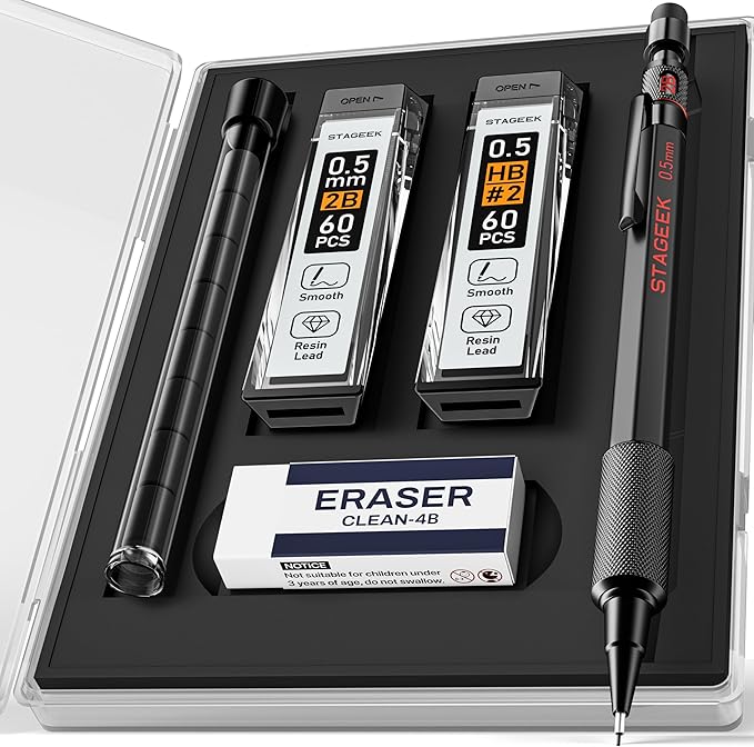 Mechanical Pencils 0.5 with Case, Metal Weatherproof Body Outdoor Artist Mechanical Pencil with 120 PCS HB & 2B Lead Refills, Eraser, for Writing Drafting Drawing and Sketching