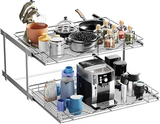 HOLDN’ STORAGE Two Tier Pull Out Cabinet Organizer, Individual Sliding Drawers - Heavy Duty Metal with Lifetime Limited Warranty - Anti Rust Chrome Finish - 30" W x 21”D x 16.5" H