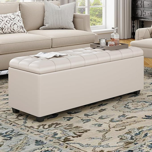 Small 38 Inches Long White Ottoman Bench with Storage,Footstool Furniture End of Bed Benches,Faux Leather Ottomans and Seat for Foot Rest in Bedroom, Living Room, Entryway