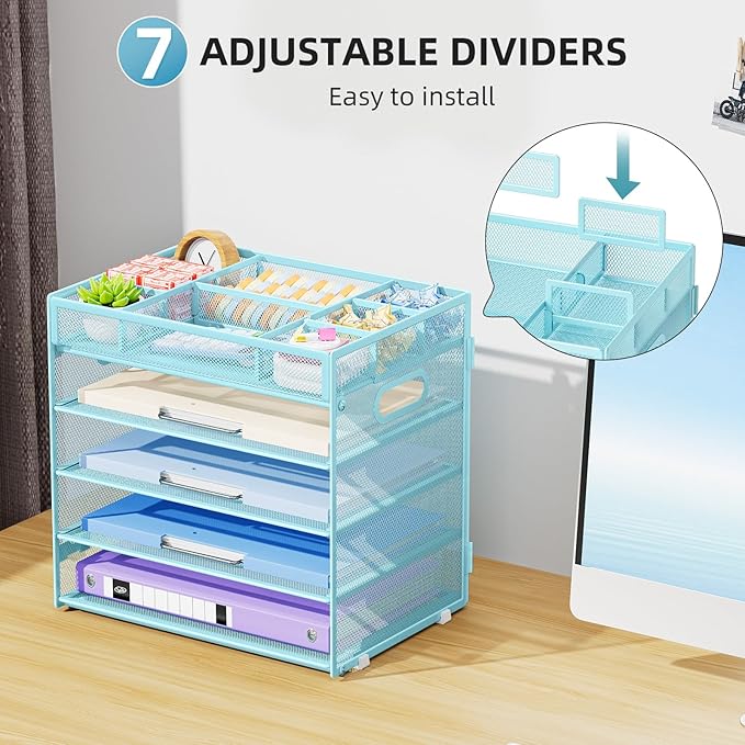 Marbrasse 5-Tier Letter Tray Paper Organizer with Handle, Multi-Functional Mesh File Organizer for Desk, Adjustable Compartments Mesh Desktop Storage for Office Supplies,Blue
