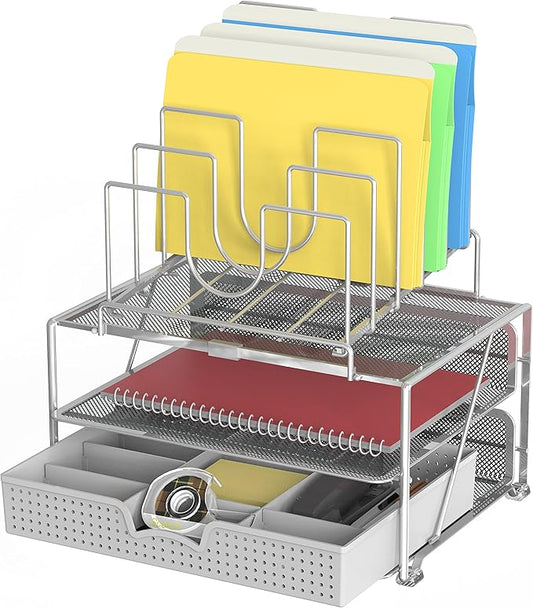 DecoBrothers Desktop File Organizer with Double Tray and 5 Folder Stand, Silver