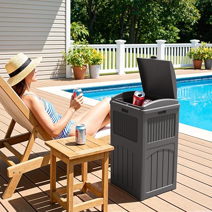 Greesum 33 Gallon Outdoor Trash Can with Lid, Waterproof Resin Garbage Bin for Hideaway, Deck, Patio, Gray