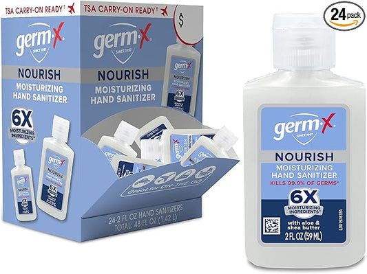 Germ-X Nourish Hand Sanitizer, 2-in-1 Moisturizing and Sanitizing Formula with Shea Butter, Vitamin E & Aloe, Non-Greasy, Mini Travel Size for On-The-Go, Back to School Supplies, 2 Fl Oz (Pack of 24)