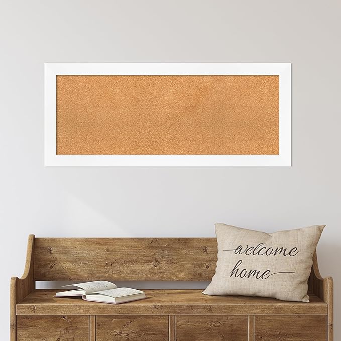 Amanti Art Natural Cork Board for Wall, 17x41 Vision Board with White Frame, Medium Corkboard Office Decor for Home Organization, Modern Corkboard Pinboard to Display Items for Home Organization in