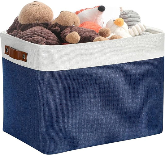 DULLEMELO Large Storage Baskets, Fabric Storage Bins for Organizing Foldable Linen Shelf Baskets for Clothes, Toys, Closet, Laundry (White&Blue,16"x12"x12"-1 Pack)