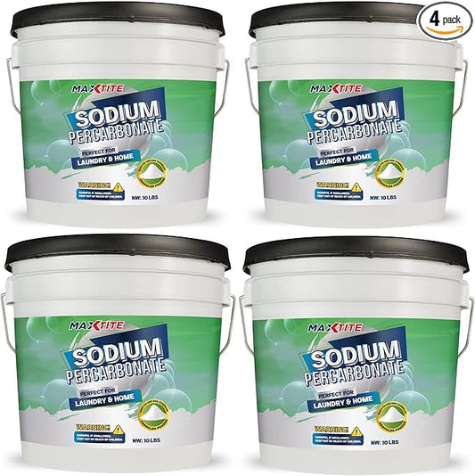 MAXTITE Sodium Percarbonate (40 lbs total, 10 lbs pails 4 Pack) 100% Pure Solid Hydrogen Peroxide/Oxygenated Bleach - Multi-Use Cleaner for Home & Laundry- HDPE w/Resealable Child Resistant Cap