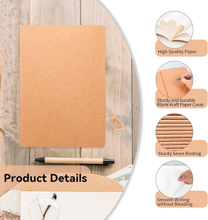 24 Pack Blank Kraft Notebooks, 8.3x5.5 Inches A5 Small Journals Bulk Blank Notebooks 80 Gsm Unlined with 60 Pages A5 Subject Notebooks Traveler Journal Set for Adult Students Back to School Supplies