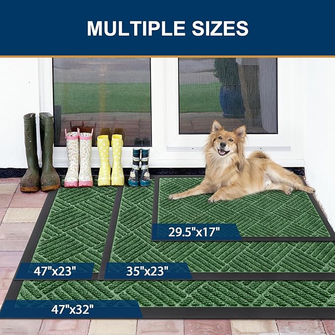 Smiry Front Door Mat Outside Entrance, Heavy Duty Outdoor Indoor Natural Rubber Doormat, Non Slip, Trap Dirt and Moisture, Easy Clean, Low Profile Patio Porch Entryway Mat, 47x32, Green