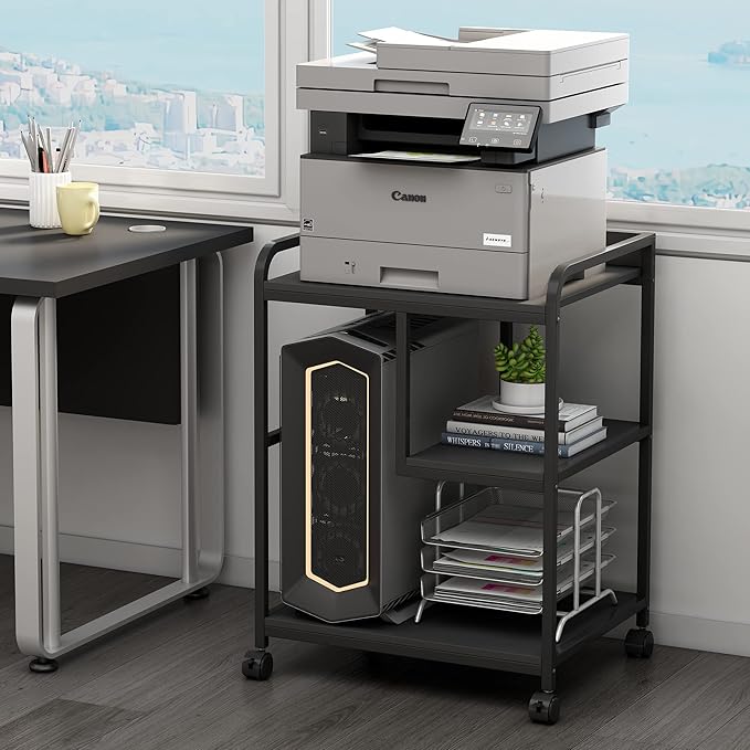 Printer Stand with Storage Shelf for Home Office Organization, 22 x 18 Inch Large Printer Table with Wheels, Shredder Stand, CPU Stand, Rolling Cart for Host Computer, PC Tower, Desktop- Black