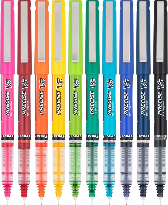 Pilot, Precise V5, Capped Liquid Ink Rolling Ball Pens, Extra Fine Point 0.5 mm, Assorted Colors, Pack of 10