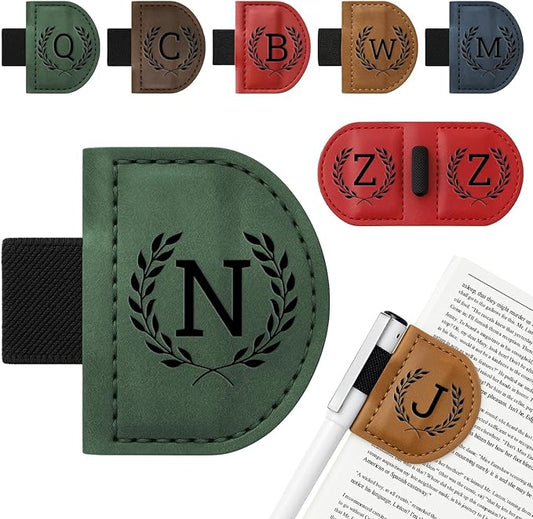 Personalized Bygone Mark Bookmark with Pen Holder,Engraving Leather Magnetic Bookmarks Vintage 26 Letters Name Initials Text Book Marker Clips Gifts for Reading Book Lovers Women (Green, N)