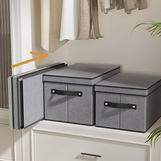 Clothing Storage Bins, Blanket Baskets for Shelves, Fabric Cubes with Handles and Lids, Decorative Linen Closet Organizers Boxes, Gray, 1 Pack, 16.5 x 11.8 x 10.2 Inch
