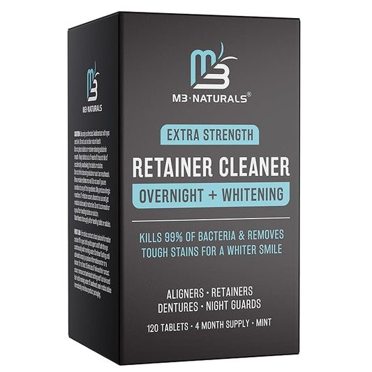 Overnight + Whitening Retainer Cleaner, Remove Stains, Discoloration, and Plaque | 4 Month Supply | Denture Cleanser with Whitening Boost,120 Tablets by M3 Naturals