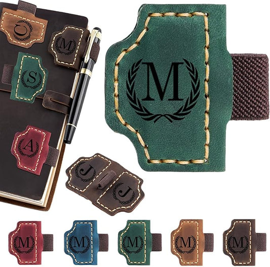 Artlaza Personalized Magnetic Leather Bookmark with Pen Holder - 26 Letters Custom Book Mark with Name Initial Engraved Book Marker for Readers, Book Lovers, Travelers - Gift for Women & Men(Green，M