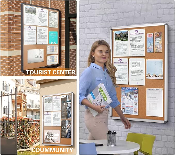 SWANCROWN Enclosed Bulletin Board,Lockable Cork Noticeboard for School Office,Wall Display Case with Lock 20"x14"(2xA4)