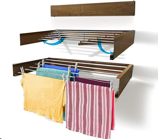 Step Up Laundry Drying Rack (40-INCH Wide - Wood-Look), Wall Mounted, Retractable Clothes Drying Rack, 60lbs Capacity, 20 Linear Ft, with Wall Template and Long Screwdriver Bit