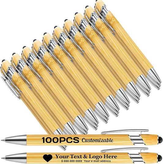 Bamboo Personalized Pen with Stylus, Custom Ballpoint Pens with Name Text Logo, Black Ink, Customizable Gift Ideas for School Back Day Office Business Home (100 Count/Pack)