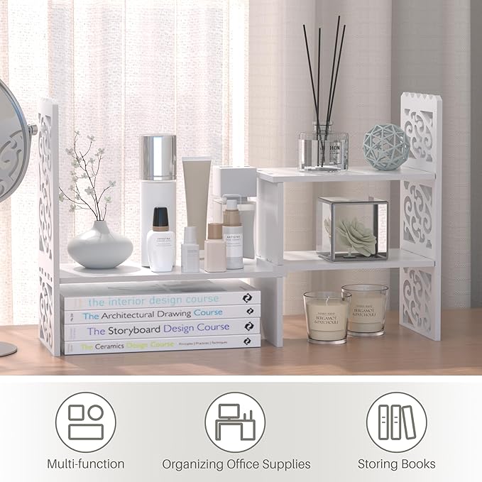 Jerry & Maggie - WPC Desktop Organizer White Office Storage Rack Shelf | Birthday Gifts - Toy - Home Decor | Free Style Rotation Display Modern Luxurious Stand Shelf (White)