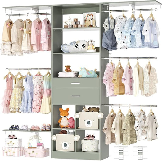 5FT Small Closet System, Baby Closet Organizer System with Wooden Drawers, 60 Inches Walk in Closet System with 5 Hanging Rods and 3 Reversible Hanging Shelving, Crab Green