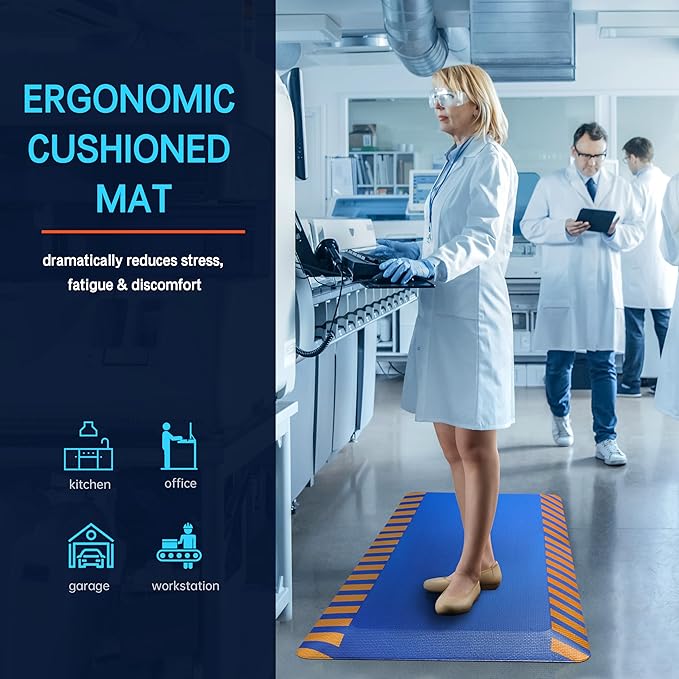 FEATOL Anti Fatigue Mat Industrial, Ergonomic Standing Floor Mat for Work for Stand, Blue with Yellow Border Safety 20" x 32"-Support for Leg & Back Pain