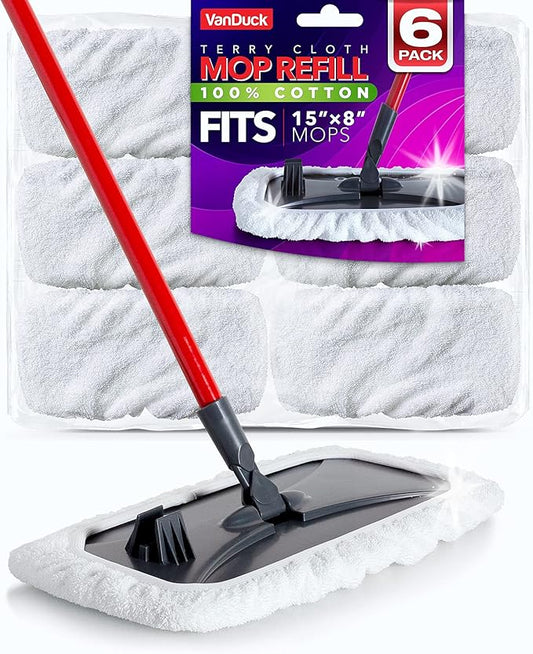 VanDuck 100% Cotton Terry Cloth Mop Pads 15x8 Inch 6-Pack (Handle is Not Included)