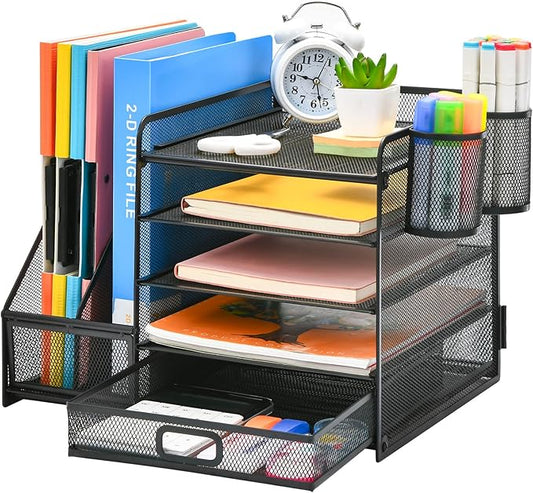 Marbrasse Desk Organizer with File Holder, 5-Tier Paper Letter Tray Organizer with Drawer and 2 Pen Holder, Mesh Desktop Organizer and Storage with Magazine Holder for Office Supplies(Black)