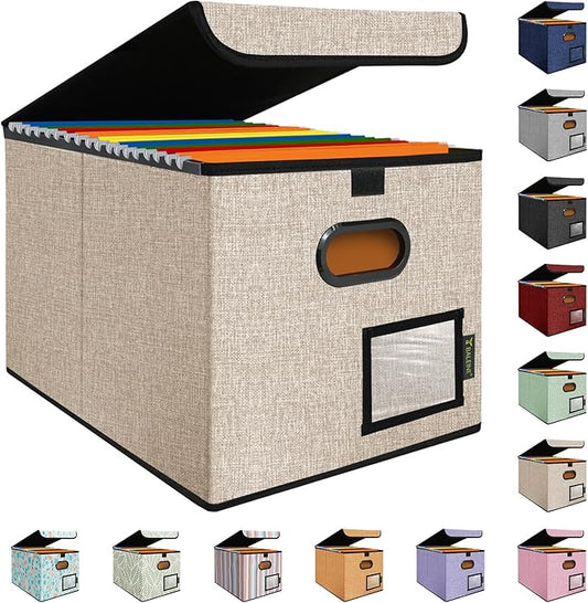 BALEINE File Organizer Box with Lid, Collapsible File Folder Organizer with Plastic Slide, Hanging File Folder Box for Office Document Storage (1 Pack, Beige)