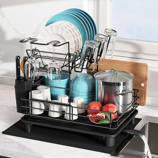 JASIWAY 2 Tier Black Large Stainless Steel Dish Drainers Drying Rack for Kitchen Counter with Drainboard, Rust Proof Metal, Space Saving, Modern Aesthetic, Compact Plates Strainers with Extra Mat