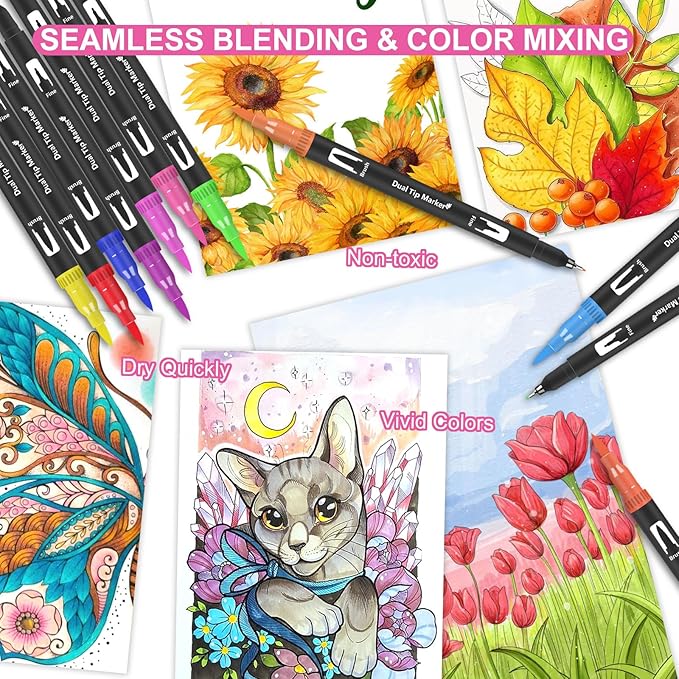 76 Colors Dual Tip Brush Pens with Brush Tip and Fine Tip for Artists Adult, Coloring Markers for Adult Coloring Books Professional Marker Set for Note Taking and Lettering