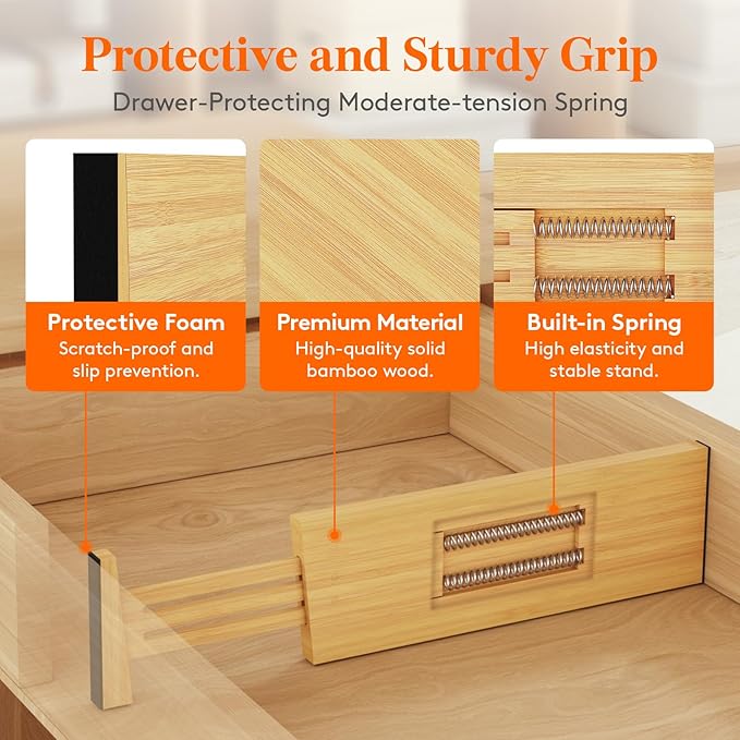 Lifewit 4 Pack Drawer Dividers Bamboo 4" High, 12-17" Adjustable Drawer Organizers for Clothes, Expandable Dresser Separators in Bedroom/Bathroom/Kitchen/Fridge/Office Organization and Storage