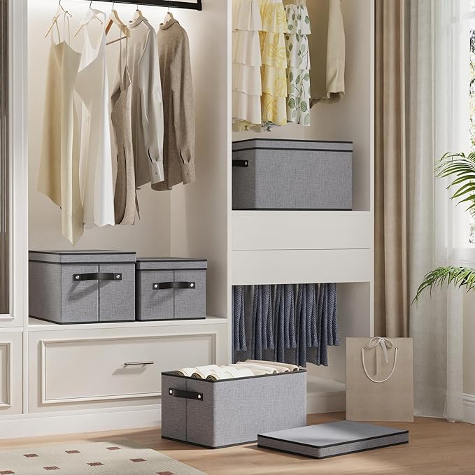Clothing Storage Bins, Blanket Baskets for Shelves, Fabric Cubes with Handles and Lids, Decorative Linen Closet Organizers Boxes, Gray, 3 Pack, 16.5 x 11.8 x 10.2 Inch