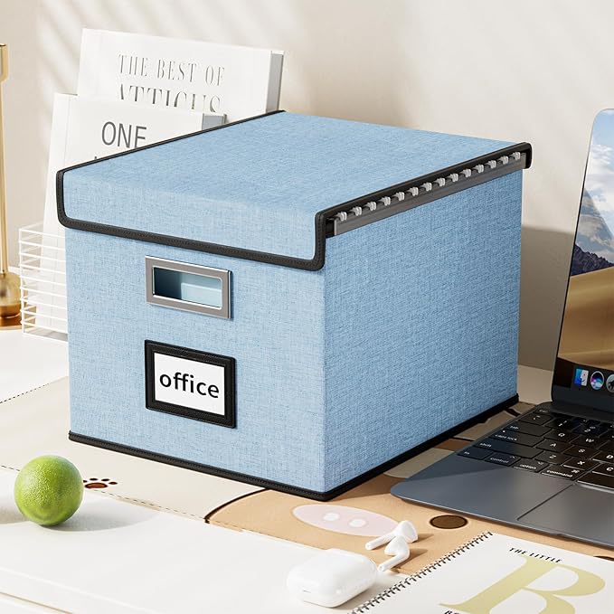 Huolewa Collapsible File Storage Organizer Box with Lid, Hanging File Folders Box Organizer with Plastic Slides, Decorative Home/Office Filing System Boxes for File and Folders Storage - Powderblue