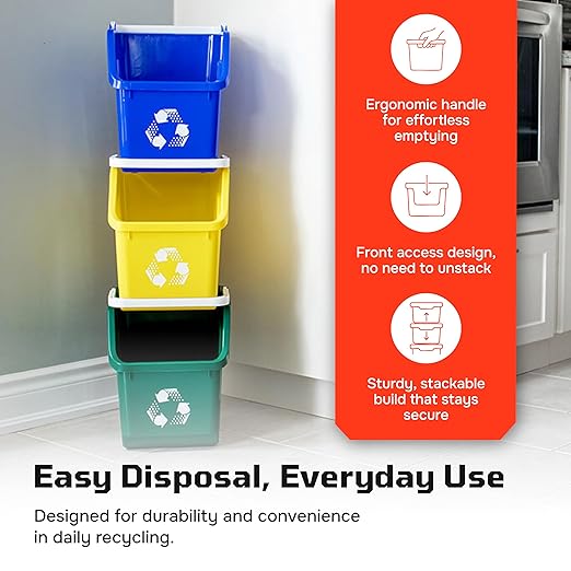 6 Gallon Stackable Recycling Bins for Homes, Garages, Offices Made of 100% Recycled Plastic - (Red, 3 Pack)