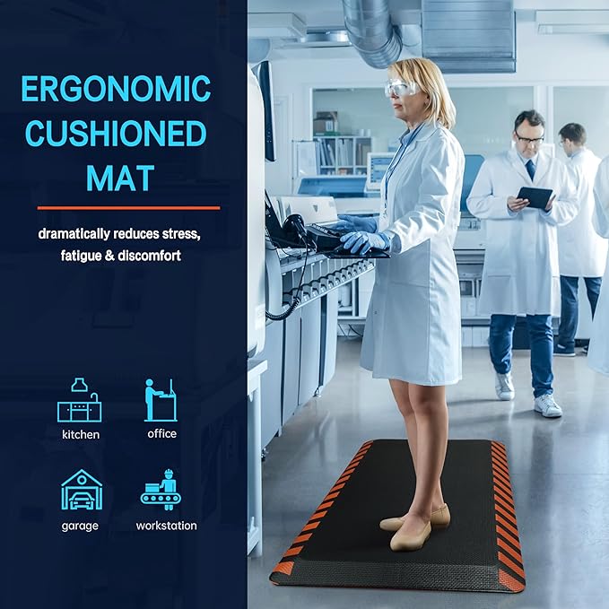 FEATOL Anti Fatigue Mats Industrial, Ergonomic Standing Floor Mat for Work for Stand, Black with Orange Border Safety 24" x 70"-Support for Leg & Back Pain