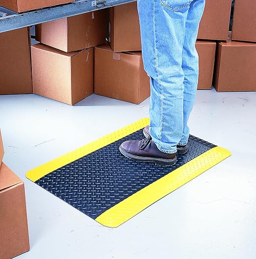 Wearwell 414.1516x2x12BYL Diamond-Plate SpongeCote UltraSoft Mat, 12' Length x 2' Width x 15/16" Thick, Black with Yellow