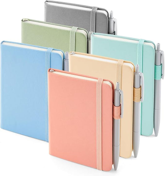 feela 6 Pack Pocket Small Notebooks Bulk, Mini Cute Memo Notepads Hardcover College Ruled Lined Journals with Pen Holder for Women Girls Office School, with 6 Black Pens, 3.5”x 5.5”, A6, Mild Colors