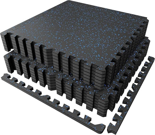 PRAISUN 0.6" Thicker Gym Mat, 12 Tiles 48 Sq Ft Workout Mats, Interlocking Foam Tiles with Rubber Top, High Density EVA Foam, Exercise Mat, Gym Flooring for Home Gym, Garage, 24 x 24in, Black/Blue