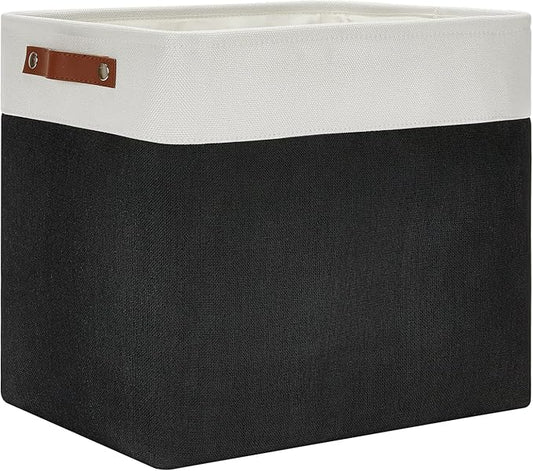 DULLEMELO Large Fabric Basket for Organizing, 17"x12"x15" Storage Basket With Leather Handles, Collapsible Storage Bin for Clothes, Toys, Books, Office, Bedroom, Closet, Nursery&Laundry (White&Black)