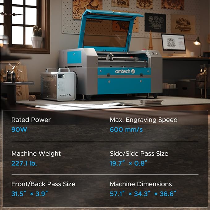 OMTech 90W CO2 Laser Engraver with Water Chiller, 28"x20" Cutting & Engraving Machine with Air Assist, 4-Way Pass, Caster Wheels, RDWorks, for Wood, Glass, Acrylic & More