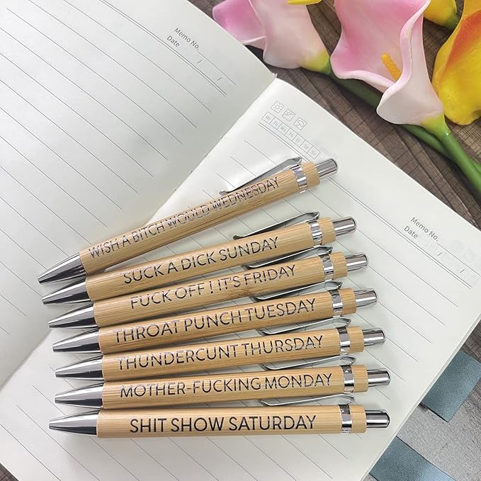 14-Piece Funny Bamboo Pen Set for Sarcastic Souls, Unique Days of The Week Mood Ballpoint Pens with Engraved Humorous Quotes, Excellent Gift for Office, Friends, and Coworkers