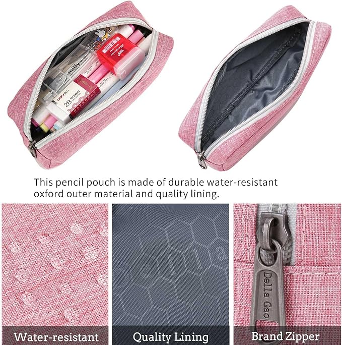 Della Gao Small Pencil Case Large Capacity Pencil Pouch Marker Pen Bag Coin Pouch Office Stationery Organizer (Pink)