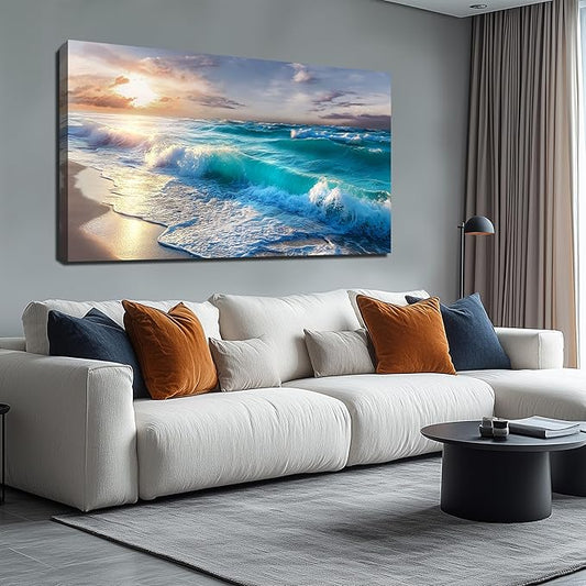 GUGIKA Ocean Wall Art for Living Room, Blue Wave and Large Coastal Beach Canvas Wall-Decor for Bedroom, Gold Sun Scenery Pictures for Hallway Office, Size 59 x 29 Inches