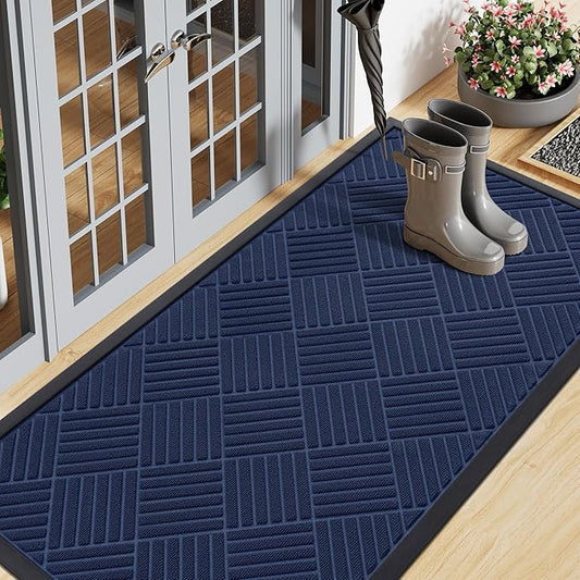 Smiry Front Door Mat Outside Entrance, Heavy Duty Outdoor Indoor Natural Rubber Doormat, Non Slip, Trap Dirt and Moisture, Easy Clean, Low Profile Patio Porch Entryway Mat, 59x23, Navy Blue